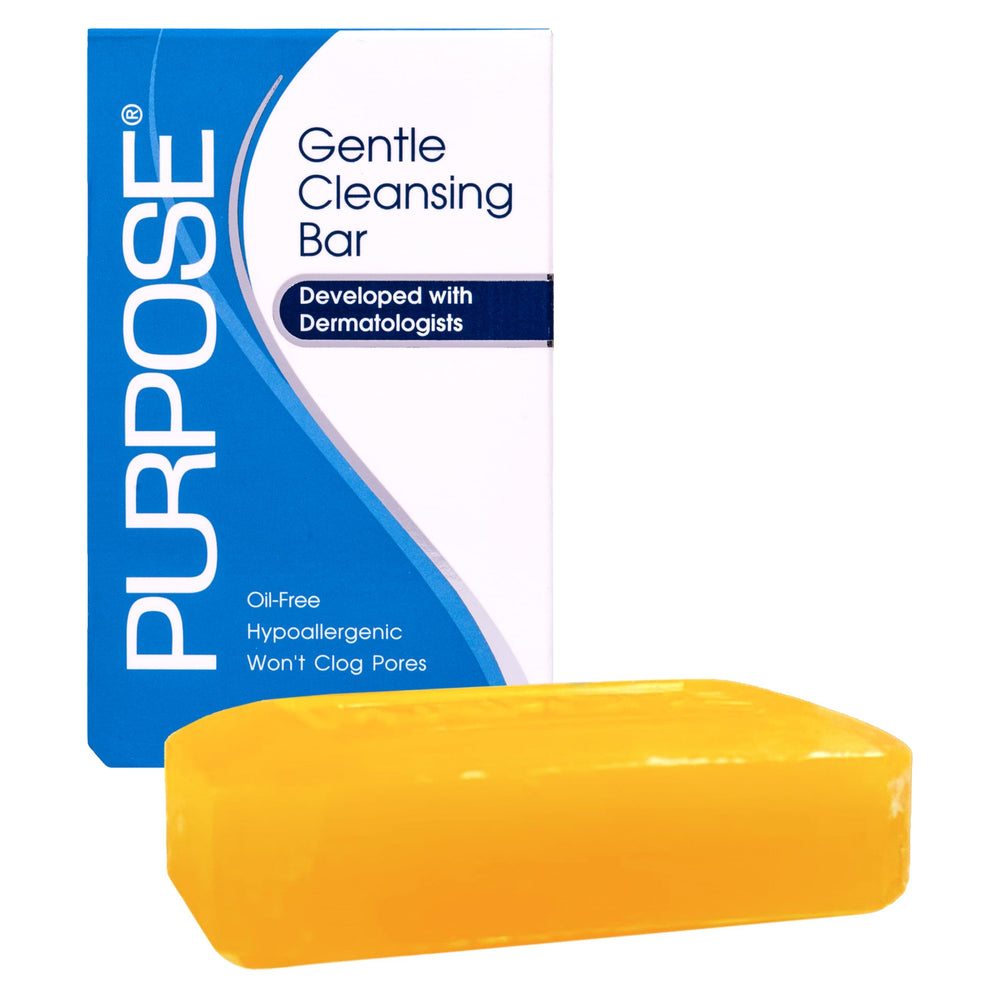 Purpose cleansing bar front packaging shows label and gentle formulation benefit