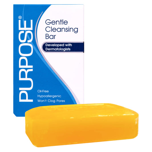 Purpose cleansing bar front packaging shows label and gentle formulation benefit