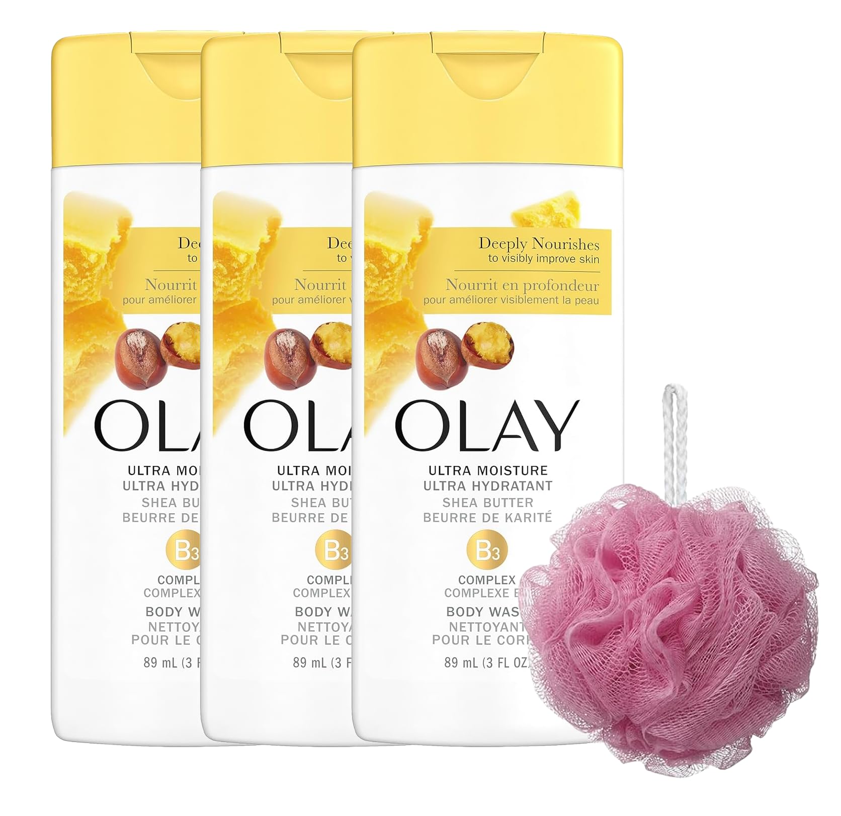 PURPUR Olay travel bundle front packaging shows three 3oz bottles and loofah for easy hydration