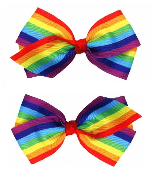 PurYupearl front view of two rainbow bows showing colorful ribbon benefit