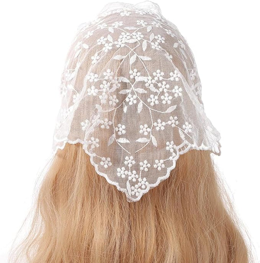 PurYupearl front view white lace headband showing feminine styling and sun-friendly coverage