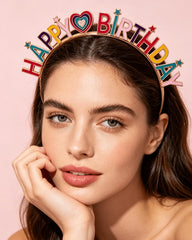 PUSABAOWO front view of birthday tiara showing happy birthday lettering and sparkle benefit