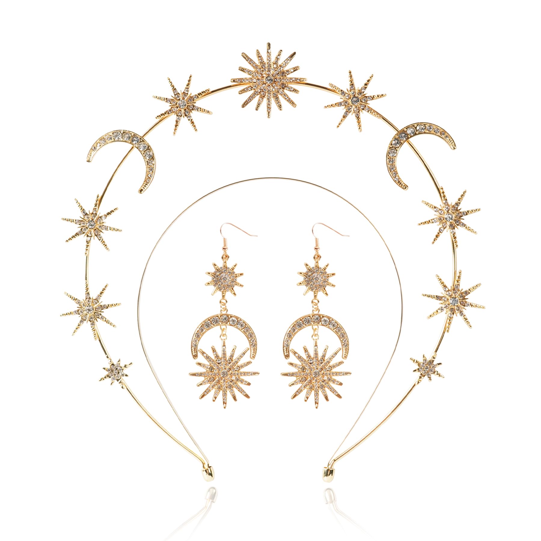 puwuto halo crown front view showing gold metal and star moon details for elegant styling