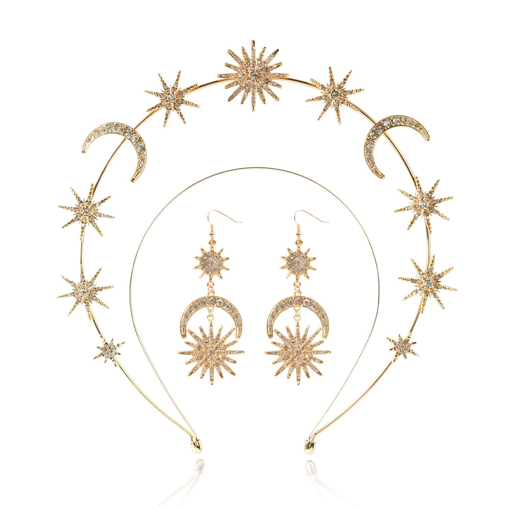 puwuto halo crown front view showing gold metal and star moon details for elegant styling