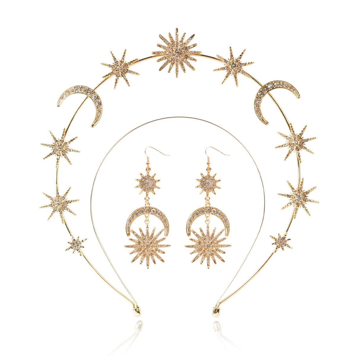 puwuto halo crown front view showing gold metal and star moon details for elegant styling