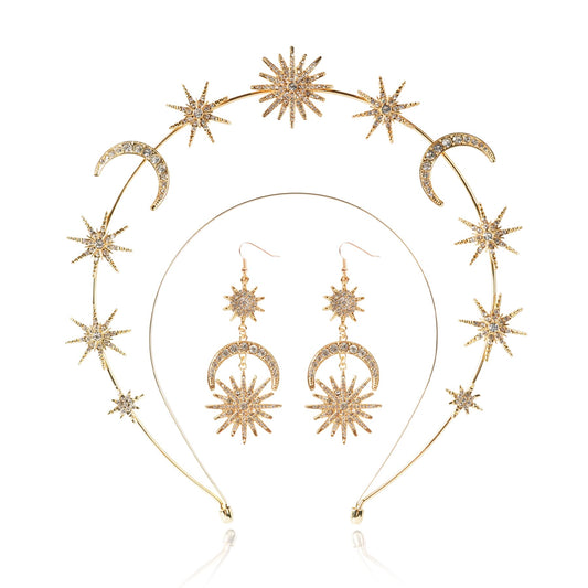 puwuto halo crown front view showing gold metal and star moon details for elegant styling
