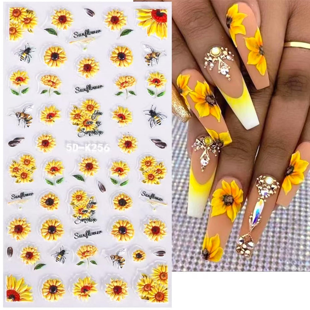 Puyokinm close-up of 5D embossed sunflower texture showing raised detail for dimensional nails