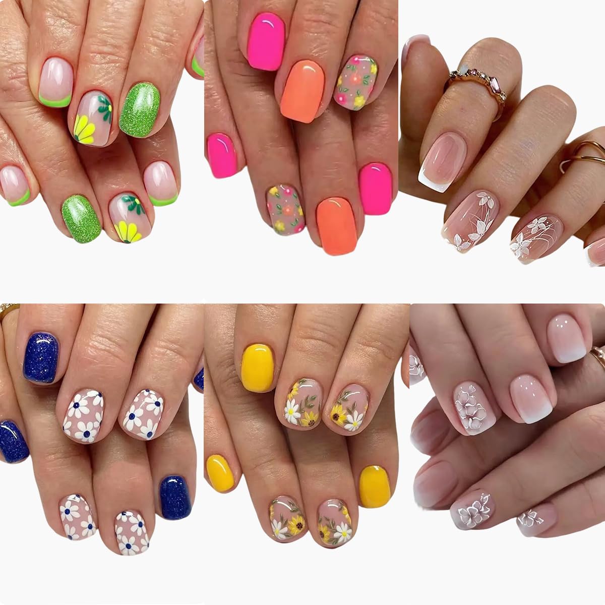 Puyokinm front packaging showing six floral short nail sets and accessories, quick styling benefit