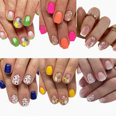 Puyokinm front packaging showing six floral short nail sets and accessories, quick styling benefit
