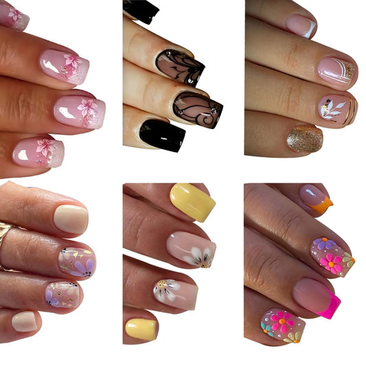 Puyokinm front packaging showing 144-piece floral press-on nails and included tools, convenient set