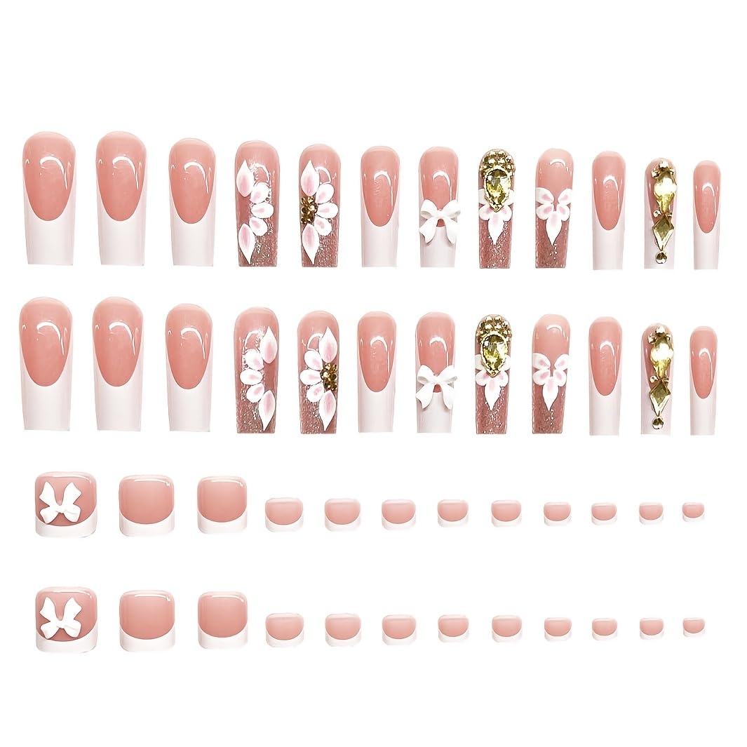 Puyokinm close-up of long square floral press-on nails showing detail