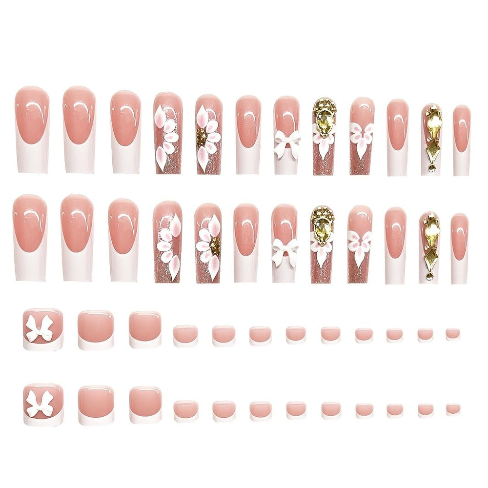 Puyokinm close-up of long square floral press-on nails showing detail