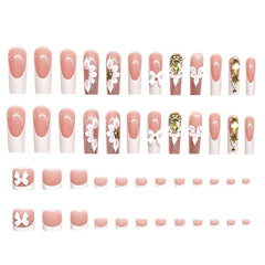 Puyokinm close-up of long square floral press-on nails showing detail