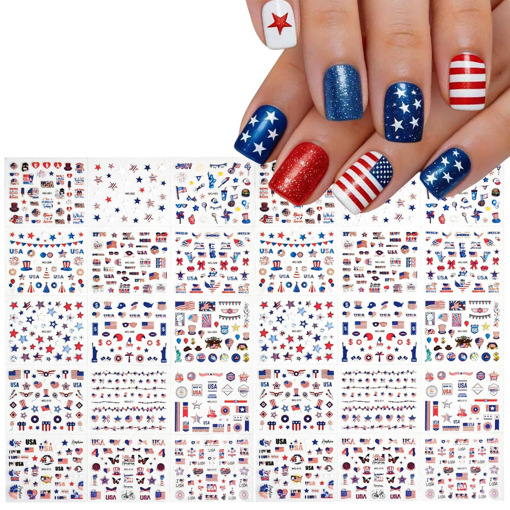Puyokinm fanned sheet layout displaying thirty unique 4th of July nail designs