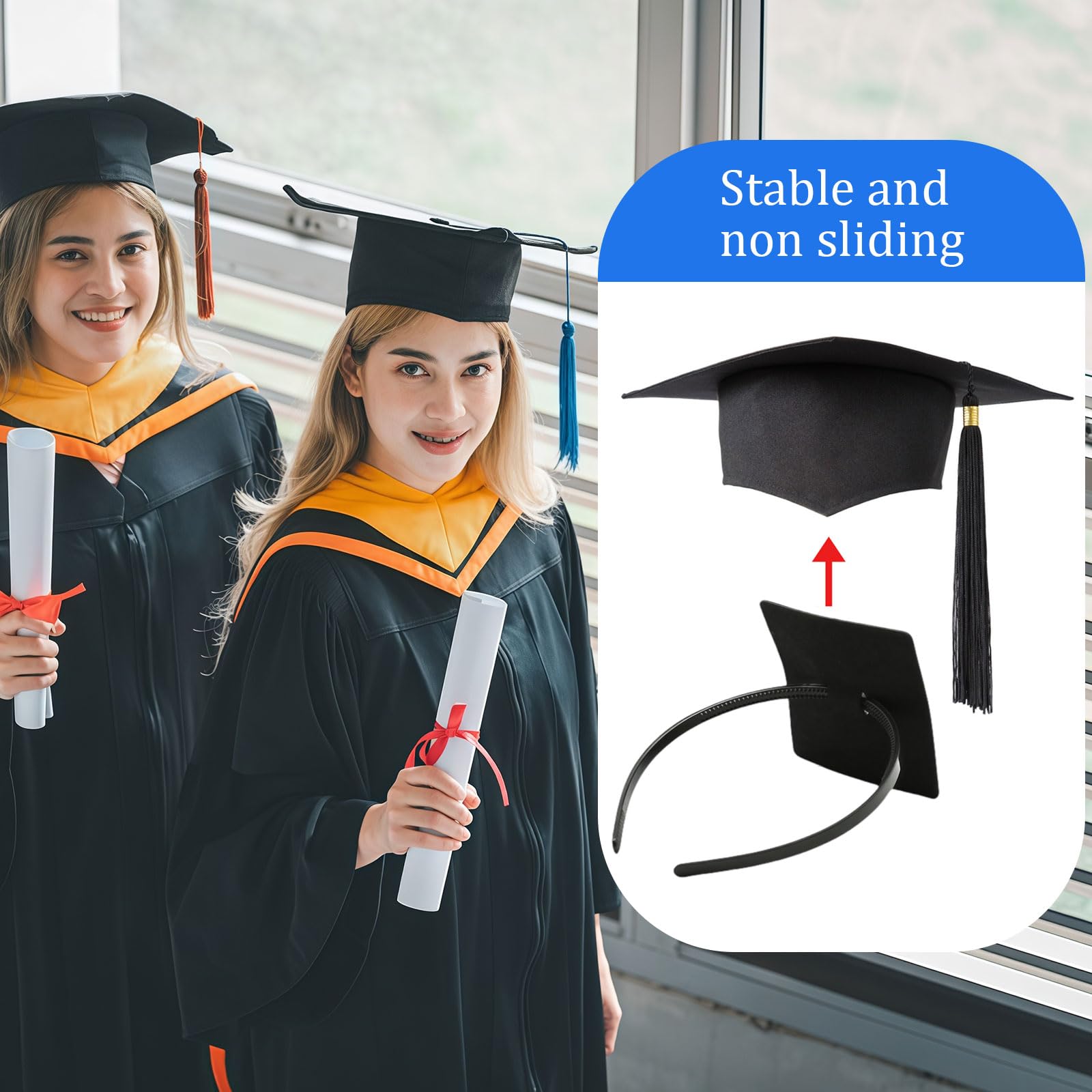 Pvoiue model wearing cap with insert, keeps hairstyle intact during ceremony