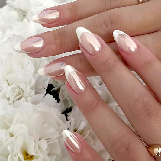 PXUEZAY front packaging showing glossy almond French tips for a polished look