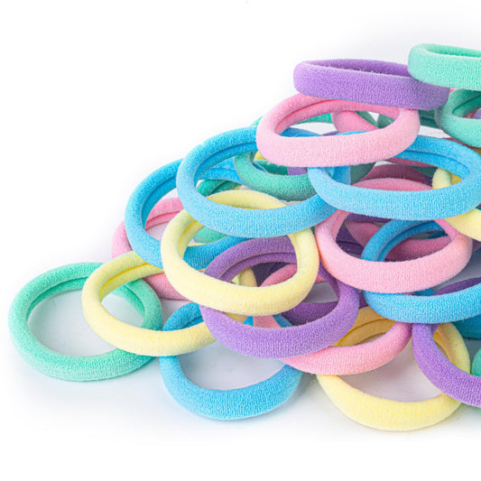 Qarwayoc front packaging showing 50 colorful soft hair ties, convenient bulk set