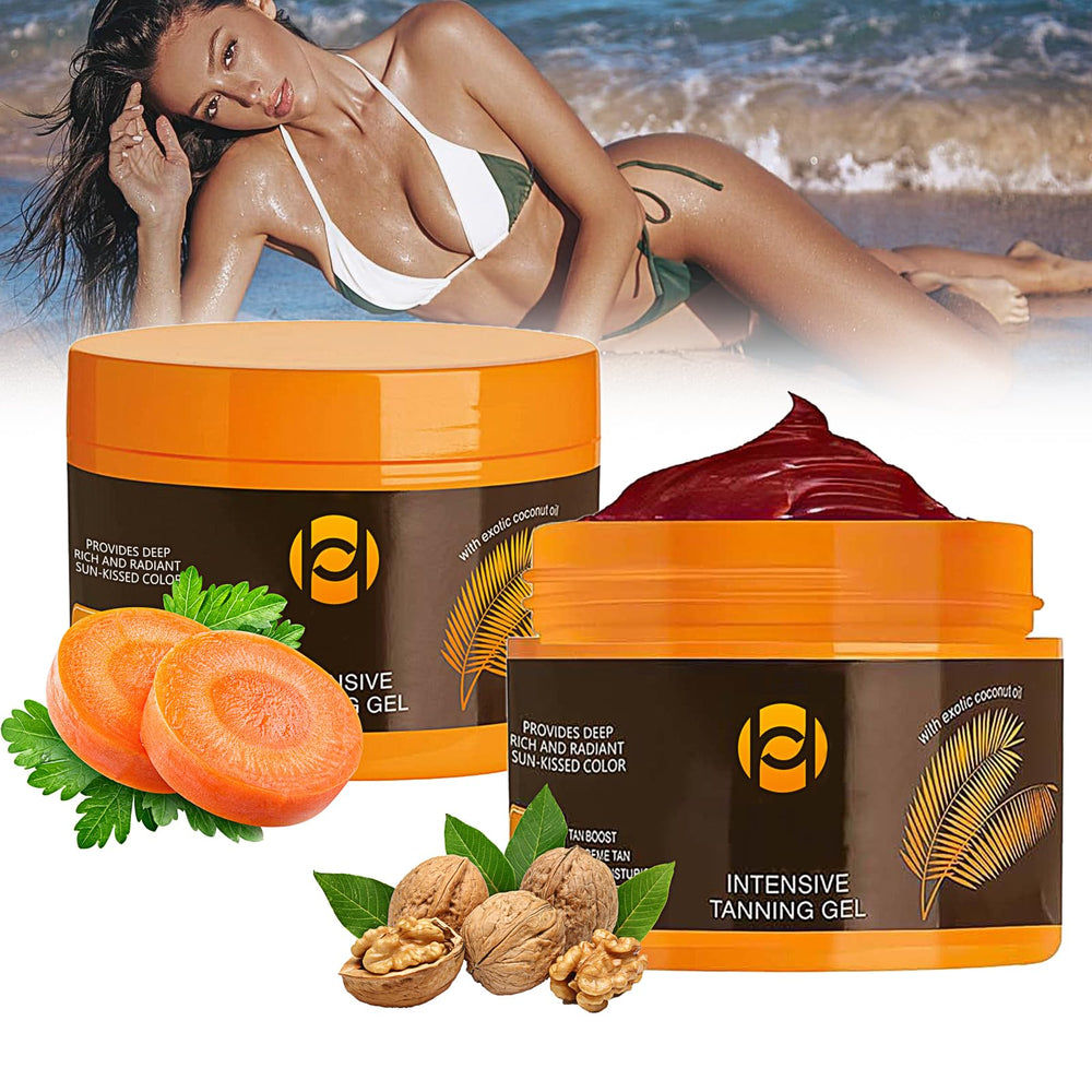 Qawnfy front packaging showing two tanning gel tubes and product benefits