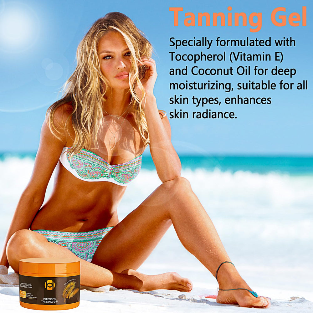 Qawnfy in beach setting illustrating waterproof formula for outdoor tanning sessions