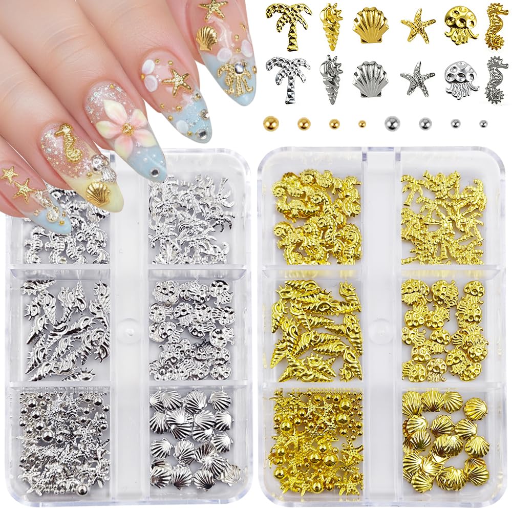 Qdsuh front packaging showing gold and silver ocean nail charms for versatile decoration