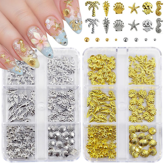 Qdsuh front packaging showing gold and silver ocean nail charms for versatile decoration
