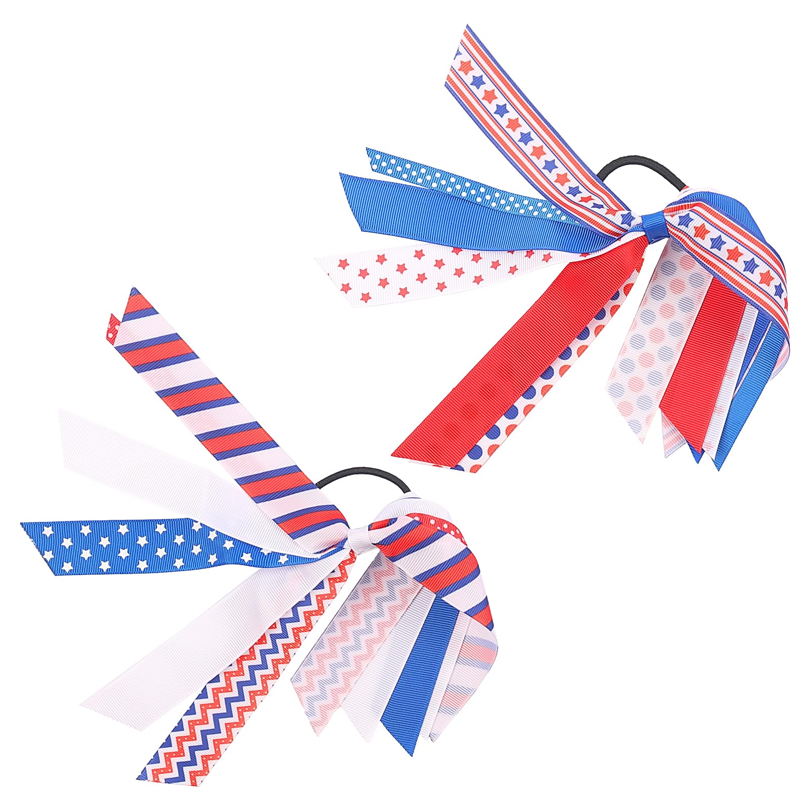 QDTK front view of two patriotic hair ties showing festive packaging and quick styling benefit