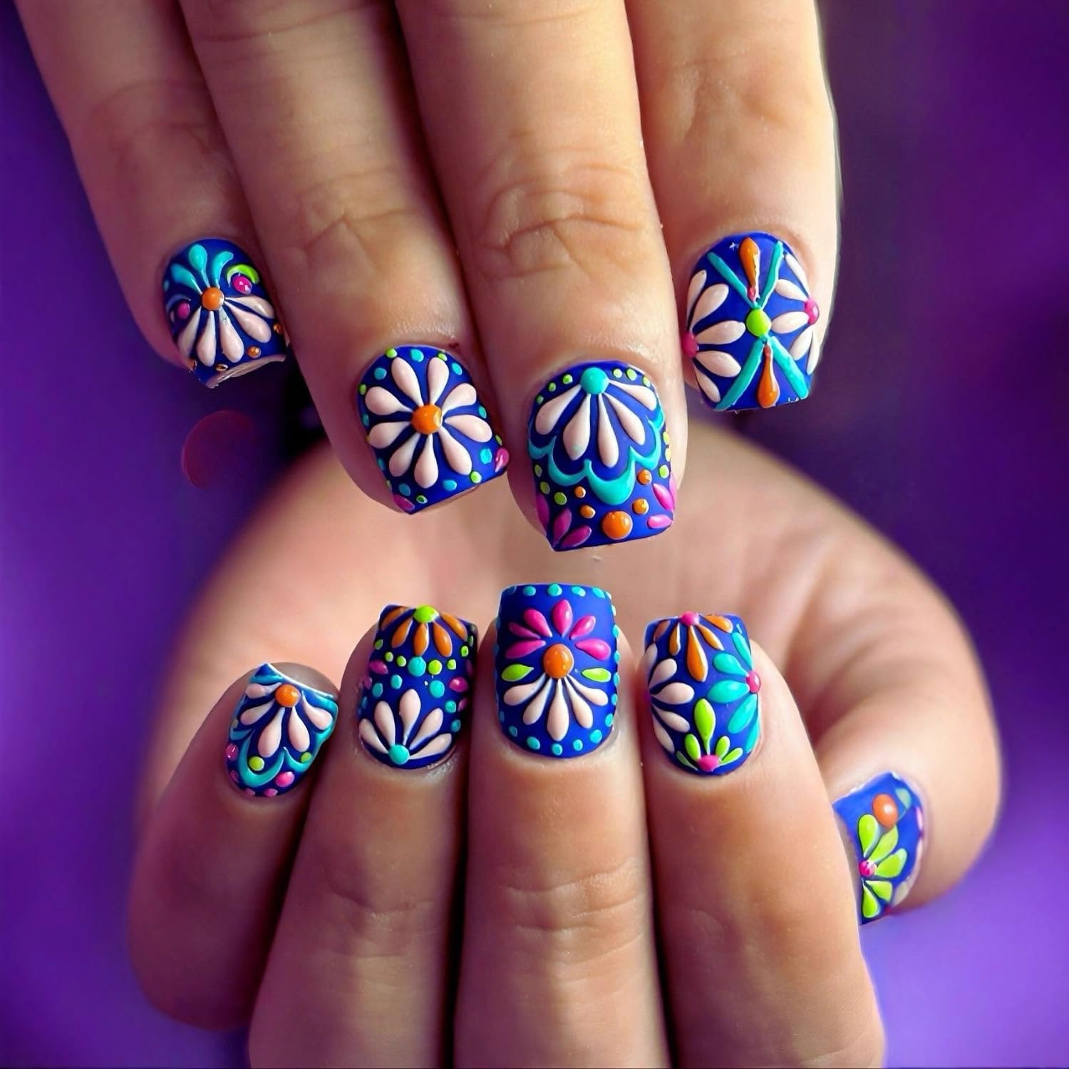 QEYRIYI front packaging showing blue daisy nails and included tools for easy start