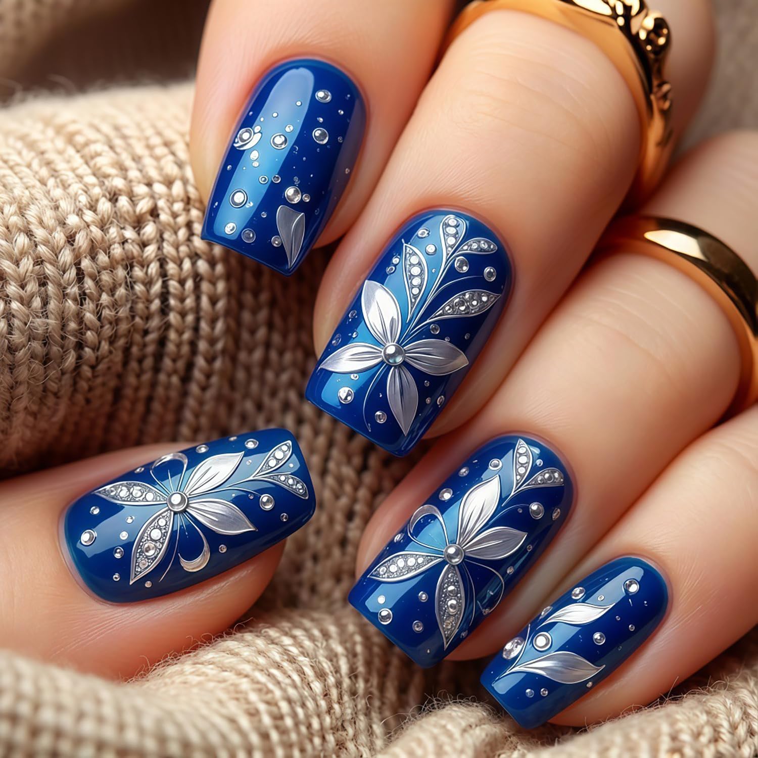 QEYRIYI front packaging showing dark blue floral press-on nails, ready-to-wear