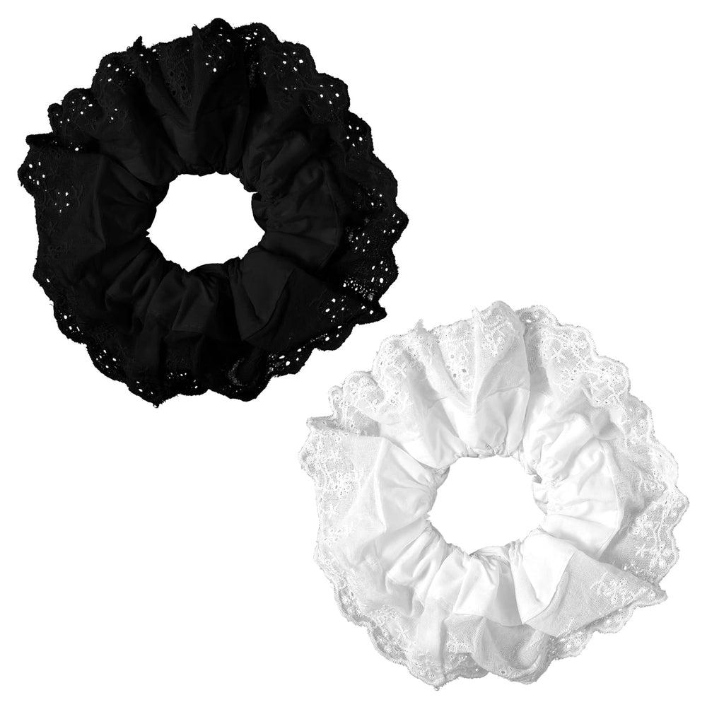 QFGasre front view white lace scrunchie showing vintage look and added volume
