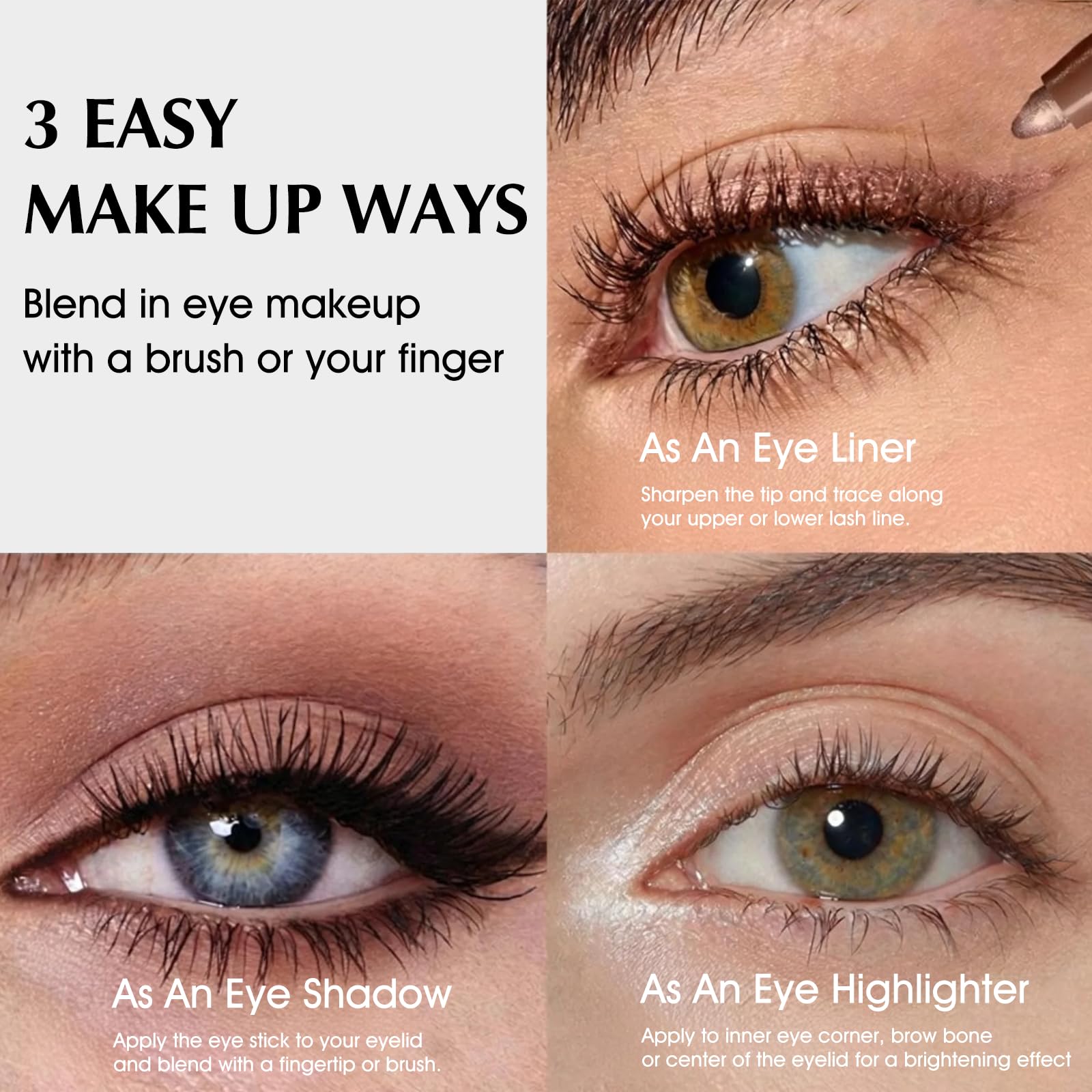 QHOSIULI model applying stick to eyelid demonstrating quick smoky-eye creation benefit