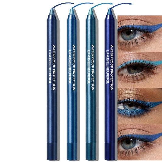QHOSIULI front packaging showing four blue eyeliner pencils and included sharpener for easy travel