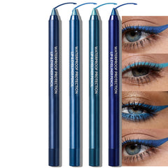 QHOSIULI front packaging showing four blue eyeliner pencils and included sharpener for easy travel