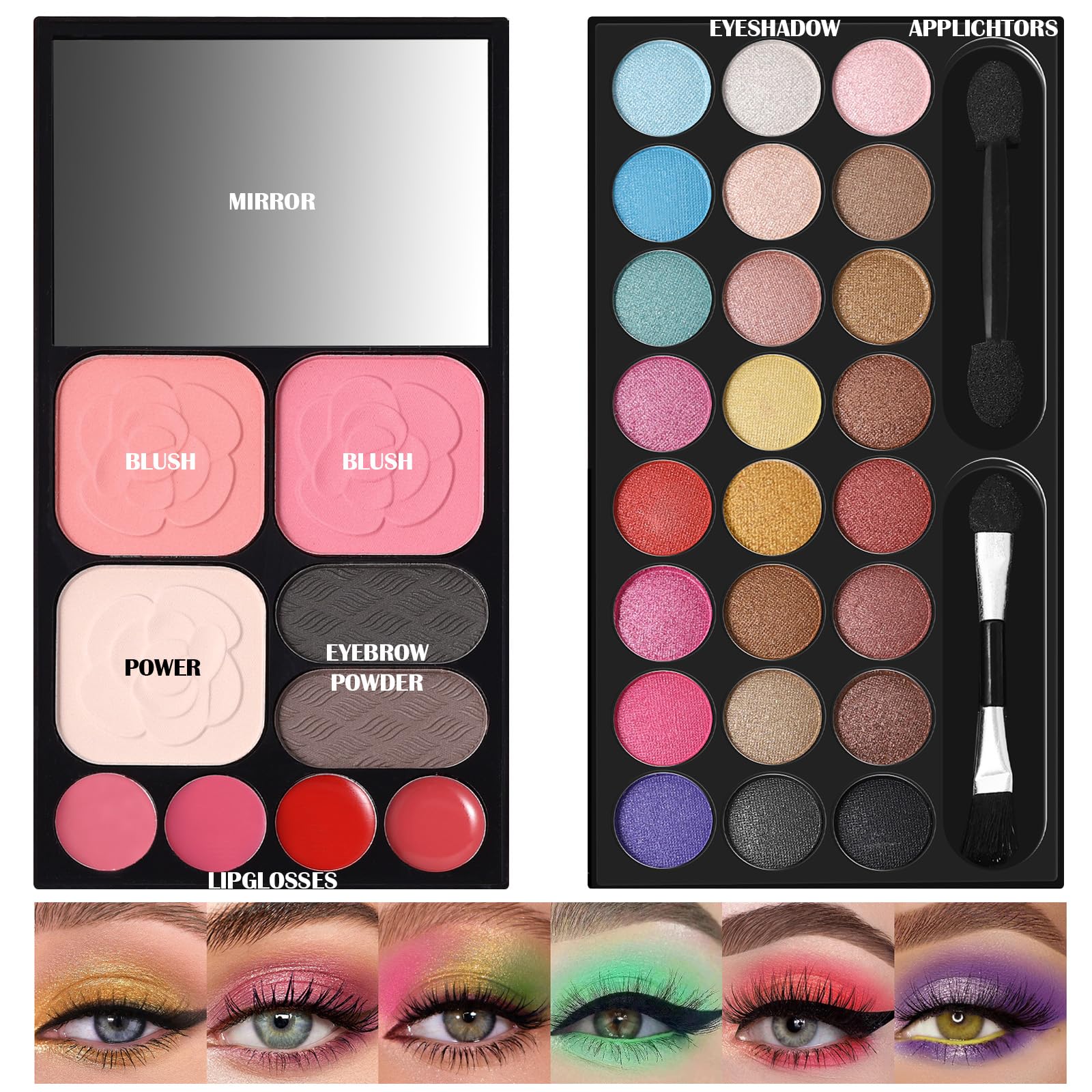 QiBest close-up of 24 eyeshadow shades showing blendable texture