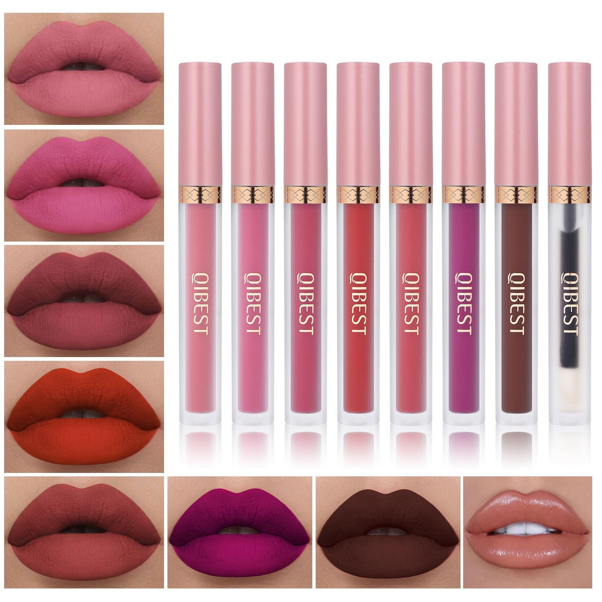 QiBest front packaging showing all seven matte lipsticks and plumper, ideal for gifting