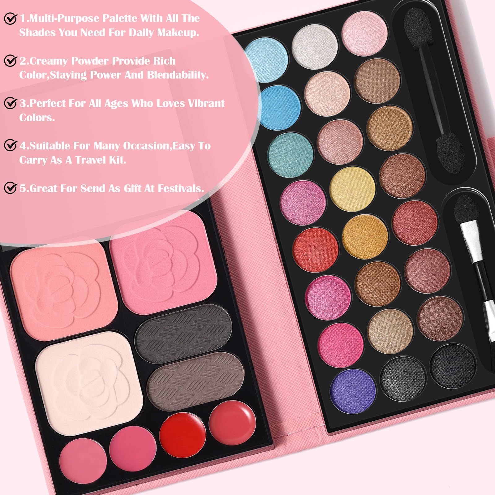 QiBest lip, blush and brow pans detail showing versatile color options