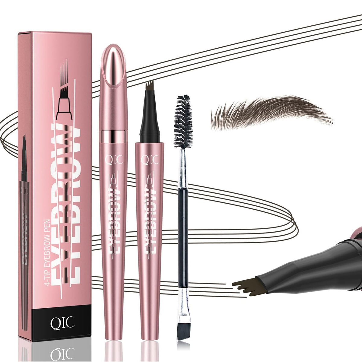 QIC eyebrow pen front view showing 4-fork tip and easy grip benefit
