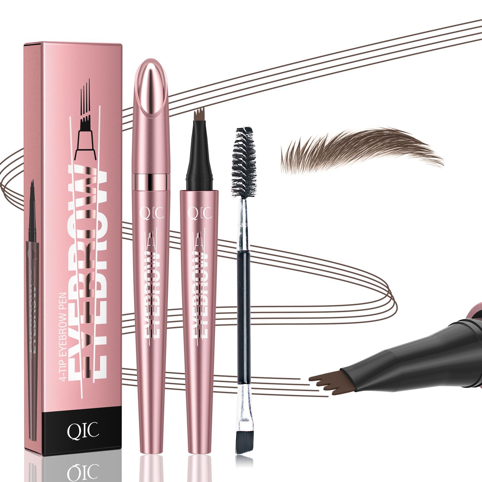 QIC eyebrow pen front view showing sleek design and cap, easy portability