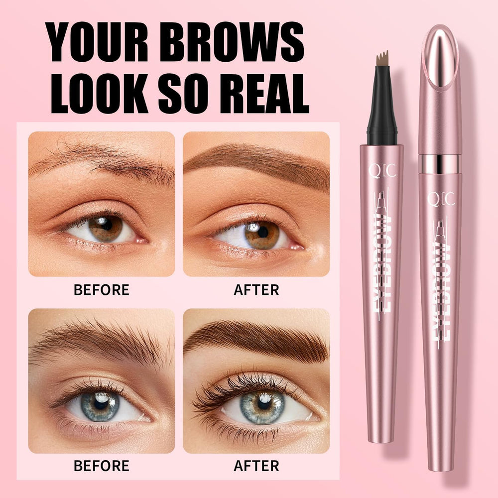 QIC eyebrow pen packaging and contents, clear labeling and included brush