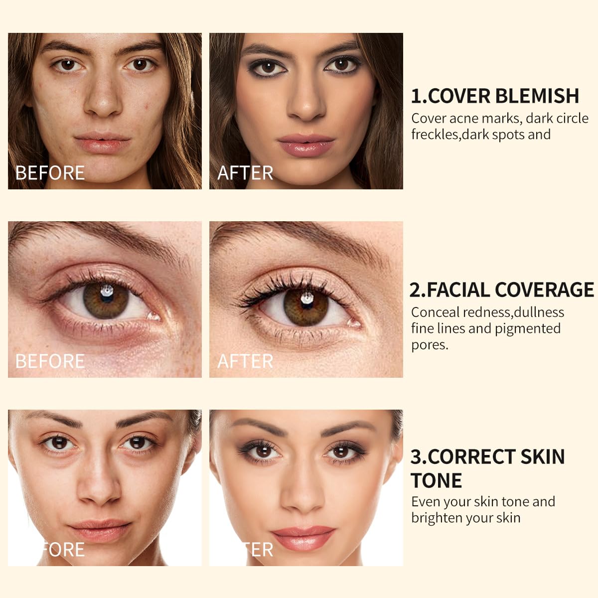 QIC concealer blended before and after showing coverage benefit