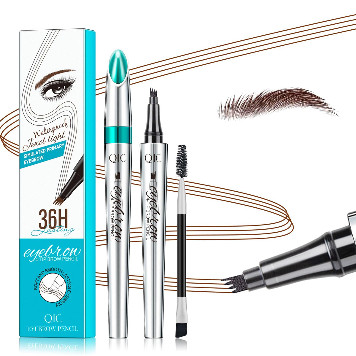 QIC eyebrow pen front view showing compact design and dark brown shade benefit
