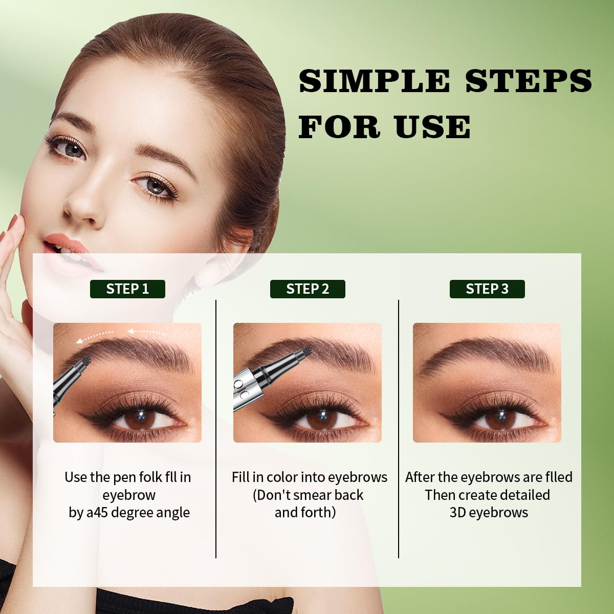 QIC eyebrow pen in hand scale to show portable size and easy control