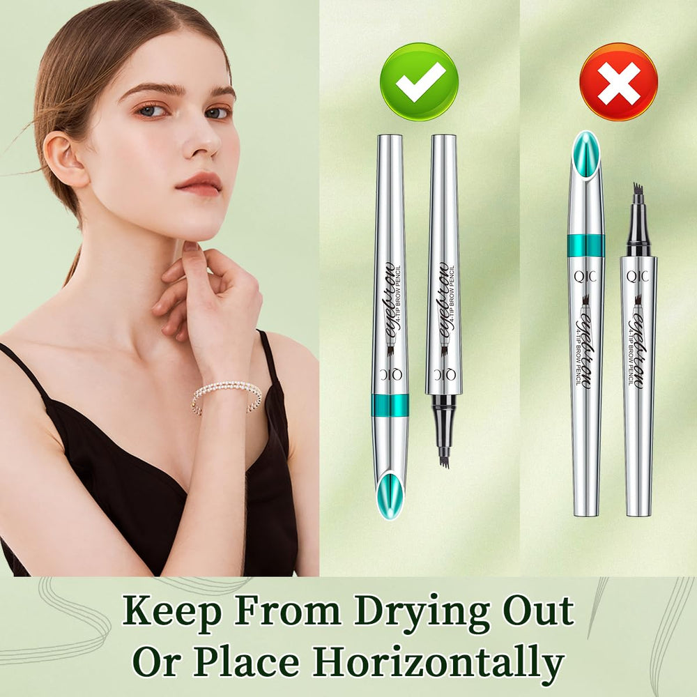 QIC eyebrow pen on mirror lifestyle scene for quick touch-ups and on-the-go use