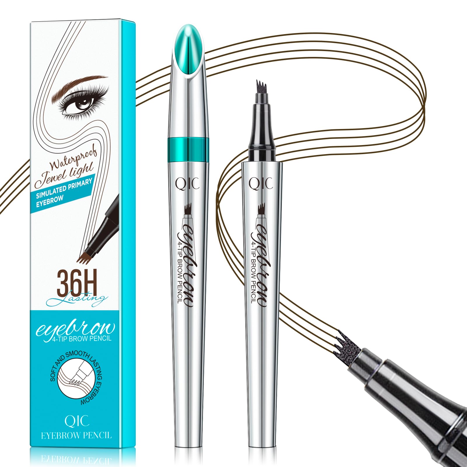 QIC eyebrow pencil front packaging shows color and benefits