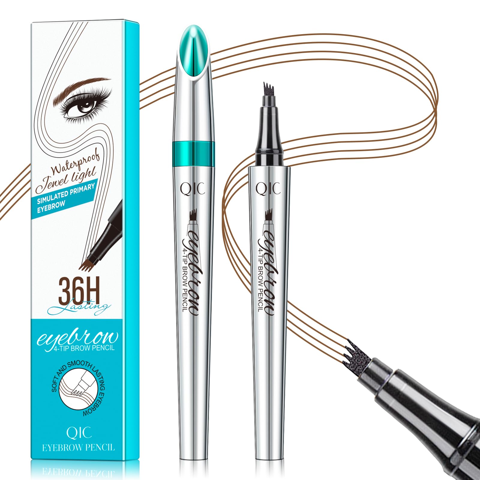 QIC eyebrow pencil front packaging showing shade and compact design benefit