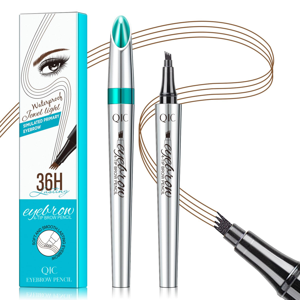 QIC eyebrow pencil front packaging showing shade and compact design benefit