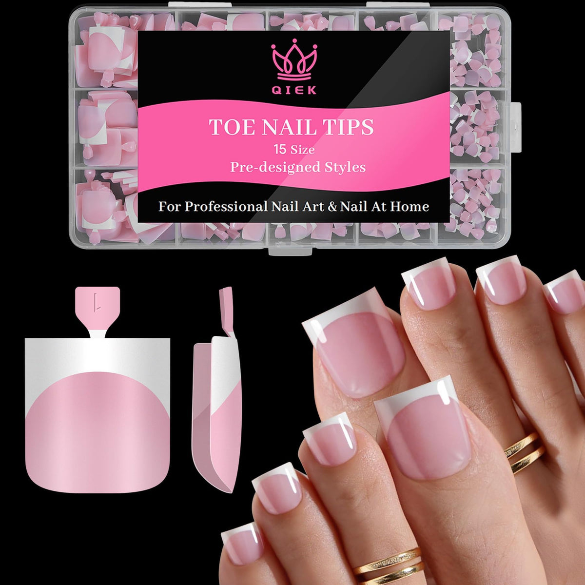 QIEK front packaging showing baby pink French toe nails, previews salon-ready benefit