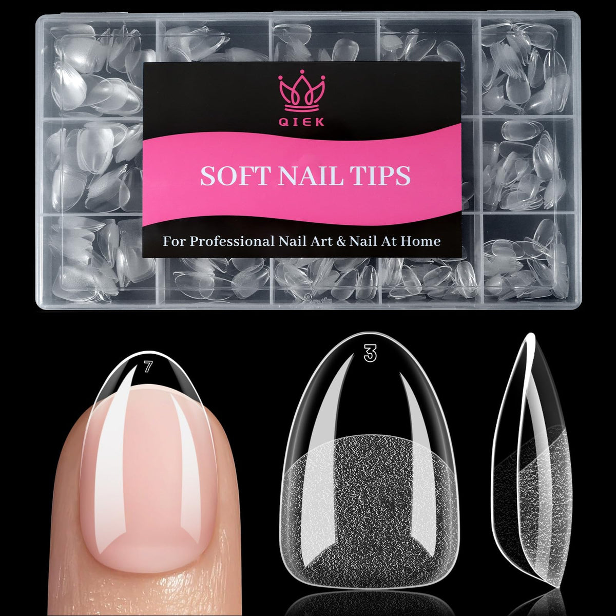 QIEK front packaging showing 240-piece clear almond nail tips, convenient kit