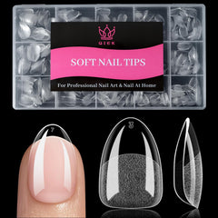 QIEK front packaging showing 240-piece clear almond nail tips, convenient kit