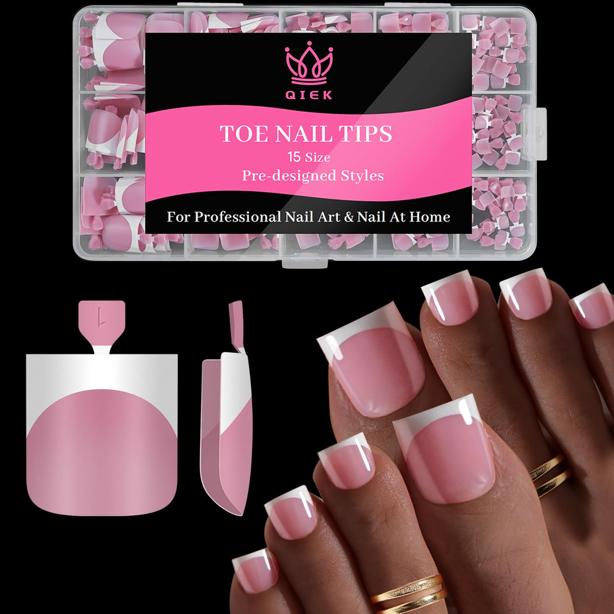 QIEK front packaging showing full 270-piece French toe kit and contents