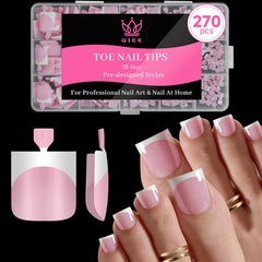 QIEK front packaging showing 270-piece set and baby pink French tips for instant pedicures
